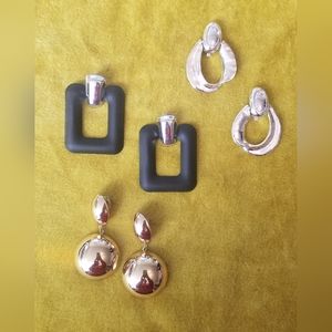Vintage Earrings Set Of 3 Costume Jewelry Minimalist Black Silver Gold